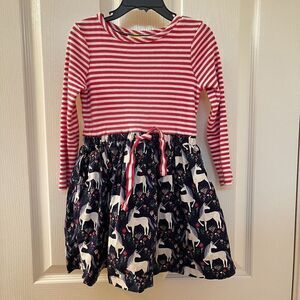 Mini Boden Pink Striped Top Floral Unicorn Skirt Dress Long Sleeve Girls SZ 4-5